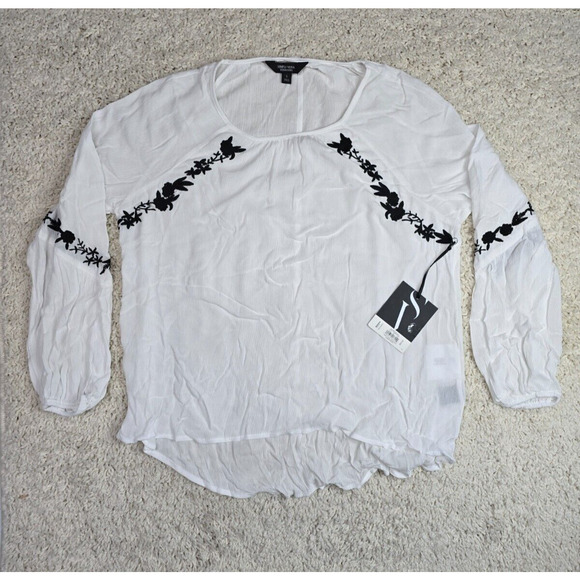 Simply Vera Wang Womens Sz Small White Black Long Sleeve Top Shirt Blouse Floral - Picture 1 of 10